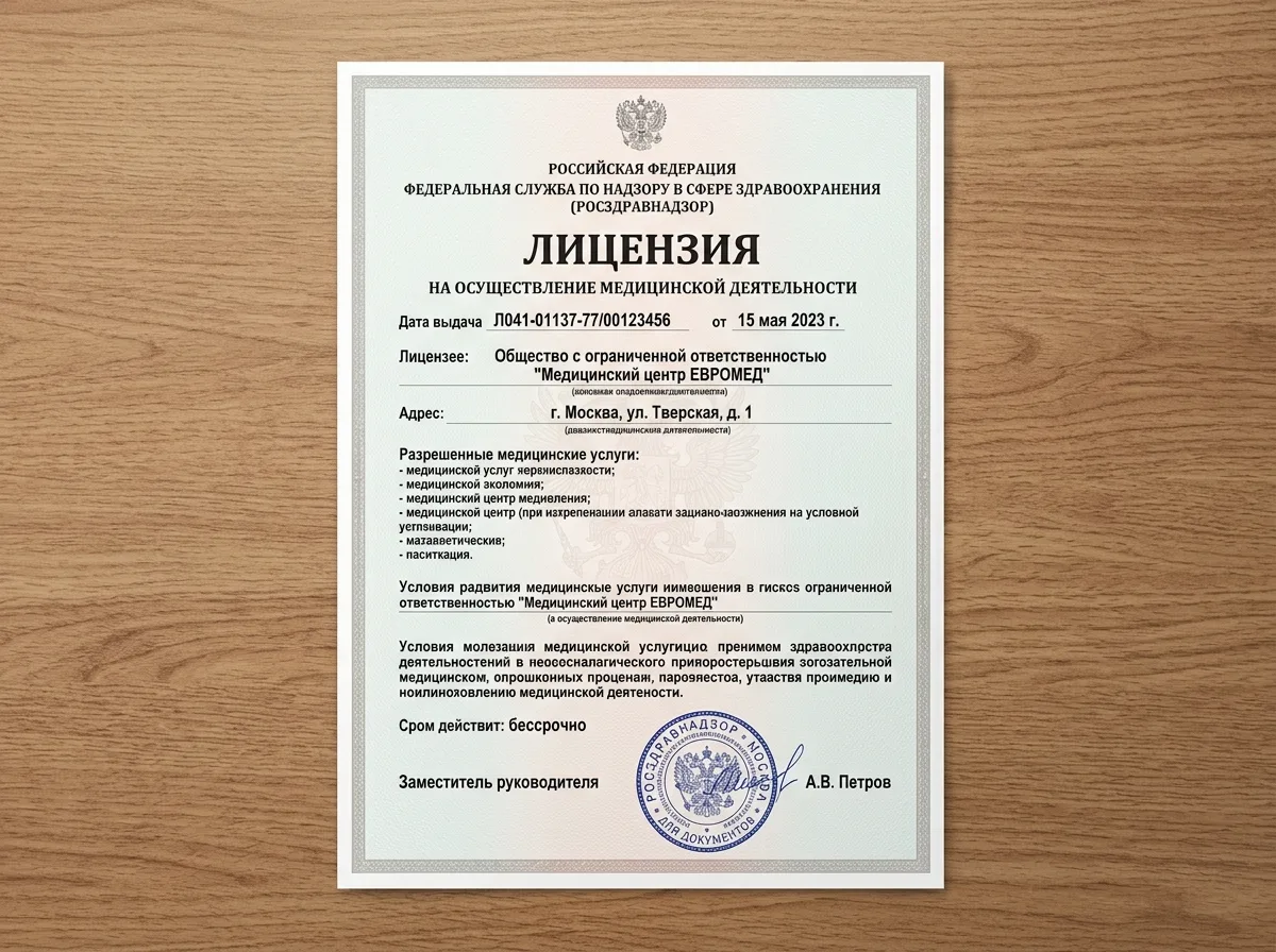Лицензия Росздравнадзора на осуществление медицинской деятельности: официальный документ с печатью и подписью, крупный план, профессиональное офисное освещение