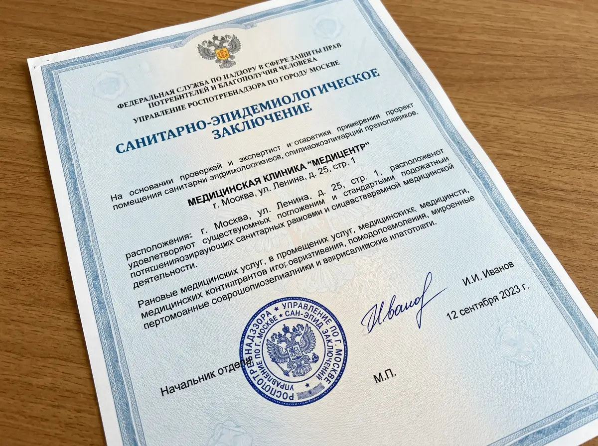 Санитарно-эпидемиологическое заключение Роспотребнадзора на помещения клиники: официальный бланк с синей печатью, профессиональное оформление документа
