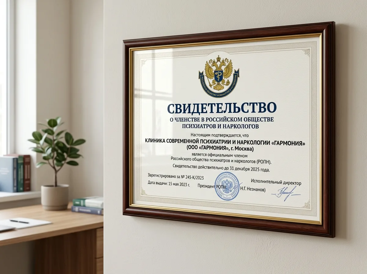Свидетельство о членстве клиники в Российском обществе психиатров и наркологов: официальный сертификат с логотипом организации, профессиональное оформление