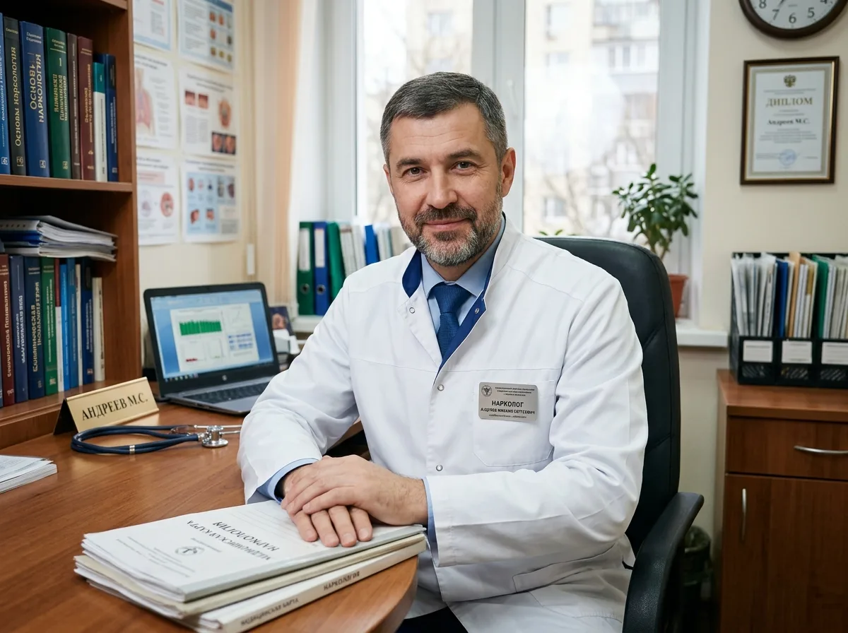 Портрет врача-нарколога Андреева Михаила Сергеевича в белом халате: профессиональное фото, уверенный взгляд, больничный кабинет на фоне
