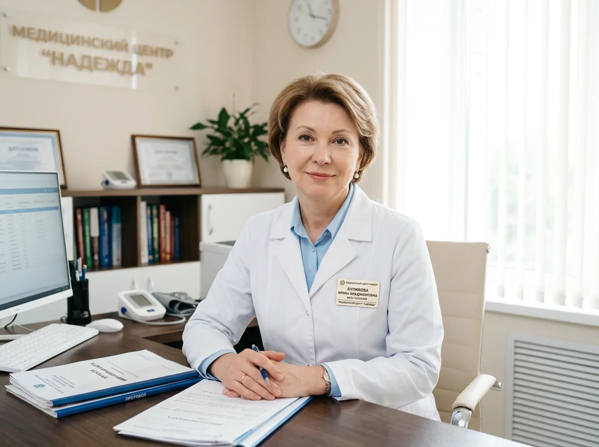 Портрет врача-нарколога Куликовой Ирины Владимировны в медицинском халате: профессиональное фото, спокойное выражение лица, светлый медицинский интерьер